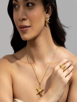 AQUASTREET - Starfish 18K Gold Plated Waterproof Anti-Tarnish Necklace, Earrings and Ring
