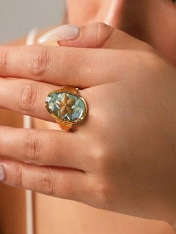 AQUASTREET - Green Crushed Shell Starfish Oval 18K Gold Plated Waterproof Anti-Tarnish Ring