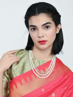 Odette - White Alloy Beaded Pearl Kundan Necklace For Women