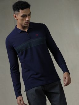 WROGN - Navy Blue Stripes Collar Neck Slim Polo T-Shirt