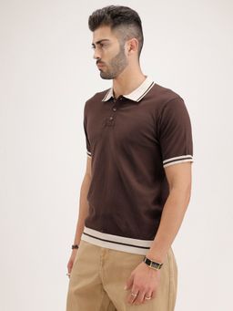 WROGN - Brown Textured Collar Neck Slim Polo T-Shirt