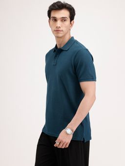 WROGN - Teal Textured Collar Neck Slim Polo T-Shirt