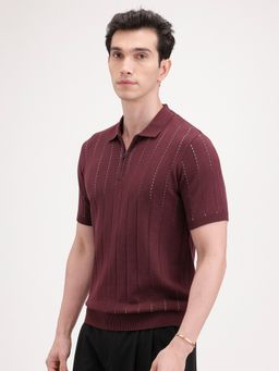 WROGN - Maroon Stripes Collar Neck Slim Polo T-Shirt