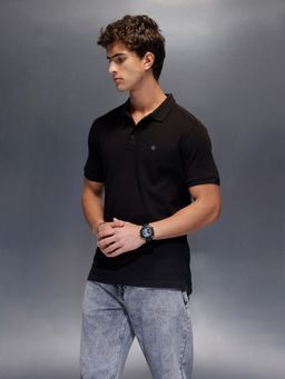 WROGN - Black Textured Collar Neck Slim Polo T-Shirt