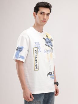 WROGN - Off White Printed Crew Neck Oversized T-Shirt
