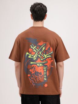 WROGN - Brown Embroidered Crew Neck Oversized T-Shirt