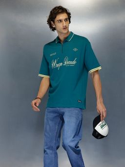 WROGN - Teal Typography Collar Neck Oversized Polo T-Shirt