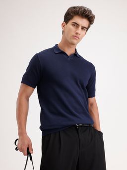 WROGN - Navy Blue Textured Collar Neck Slim Polo T-Shirt