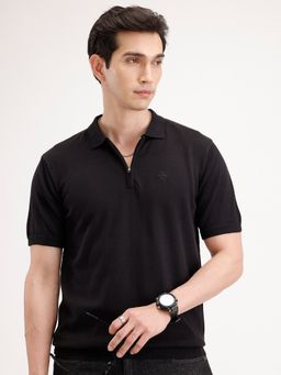 WROGN - Black Textured Collar Neck Slim Polo T-Shirt