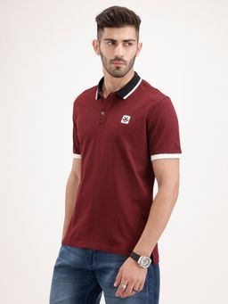 WROGN - Maroon Textured Collar Neck Slim Polo T-Shirt