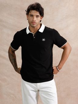 WROGN - Black Textured Collar Neck Slim Polo T-Shirt