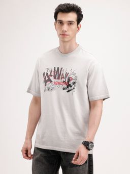 WROGN - Grey Typography Crew Neck Oversized T-Shirt