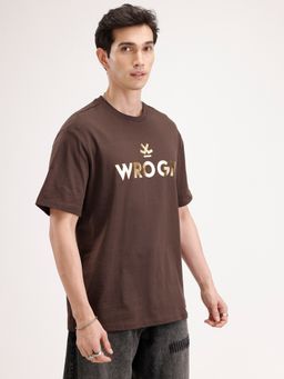 WROGN - Brown Typography Crew Neck Oversized T-Shirt