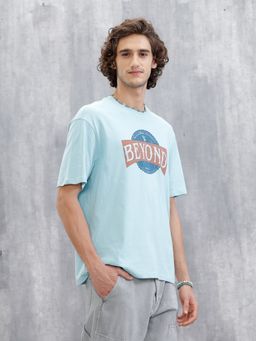 WROGN - Blue Typography Crew Neck Oversized T-Shirt