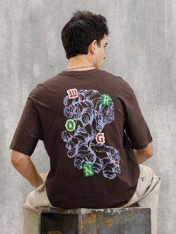WROGN - Brown Printed Crew Neck Oversized T-Shirt