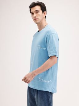WROGN - Blue Printed Crew Neck Oversized T-Shirt