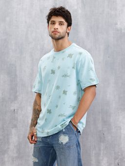 WROGN - Blue Printed Crew Neck Oversized T-Shirt