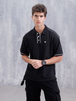 WROGN - Black Textured Collar Neck Oversized Polo T-Shirt