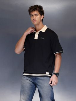 WROGN - Black Textured Collar Neck Oversized Polo T-Shirt