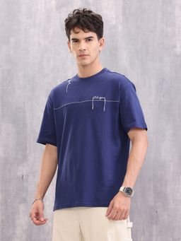 WROGN - Blue Solid Crew Neck Oversized T-Shirt