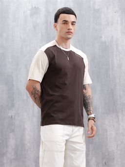 WROGN - Brown Colorblock Crew Neck Comfortable T-Shirt