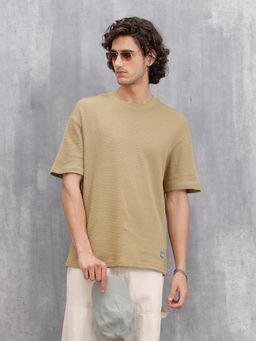 WROGN - Beige Textured Crew Neck Oversized T-Shirt