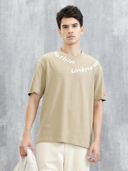 WROGN - Beige Typography Crew Neck Oversized T-Shirt