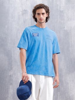 WROGN - Blue Solid Crew Neck Oversized T-Shirt