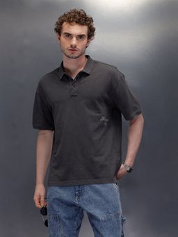 WROGN - Grey Textured Collar Neck Oversized Polo T-Shirt