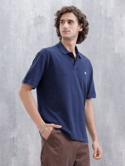 WROGN - Blue Textured Collar Neck Oversized Polo T-Shirt