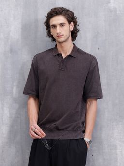 WROGN - Brown Textured Collar Neck Oversized Polo T-Shirt