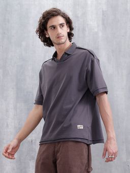 WROGN - Grey Textured Collar Neck Oversized Polo T-Shirt