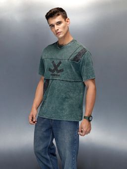 WROGN - Green Printed Crew Neck Oversized T-Shirt