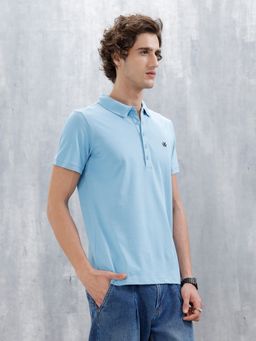 WROGN - Blue Textured Collar Neck Slim Polo T-Shirt
