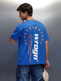 WROGN - Blue Typography Crew Neck Oversized T-Shirt