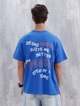 WROGN - Blue Typography Crew Neck Oversized T-Shirt