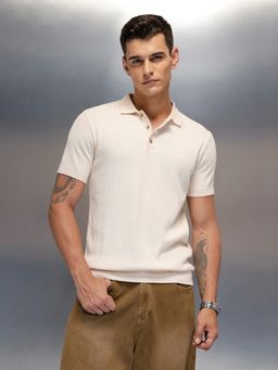 WROGN - Beige Textured Collar Neck Slim Polo T-Shirt