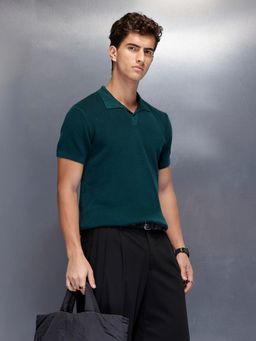 WROGN - Green Textured Collar Neck Slim Polo T-Shirt