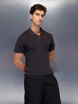 WROGN - Grey Textured Collar Neck Slim Polo T-Shirt