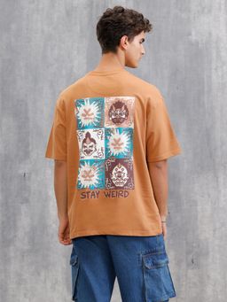 WROGN - Brown Printed Crew Neck Oversized T-Shirt