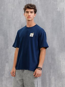 WROGN - Navy Blue Solid Crew Neck Oversized T-Shirt