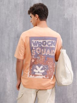 WROGN - Peach Printed Crew Neck Oversized T-Shirt