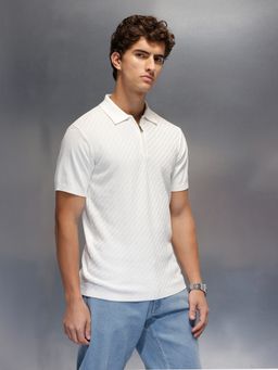 WROGN - White Textured Collar Neck Slim Polo T-Shirt