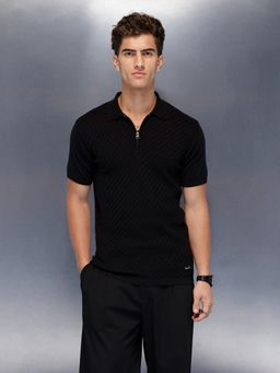 WROGN - Black Textured Collar Neck Slim Polo T-Shirt