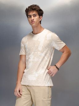 WROGN - Beige Printed Crew Neck Slim T-Shirt