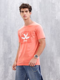 WROGN - Peach Typography Crew Neck Slim T-Shirt