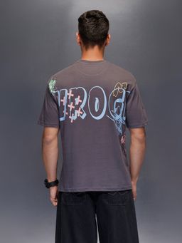 WROGN - Grey Typography Crew Neck Oversized T-Shirt