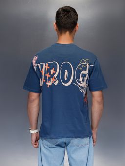 WROGN - Blue Typography Crew Neck Oversized T-Shirt