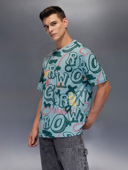 WROGN - Teal Typography Crew Neck Oversized T-Shirt