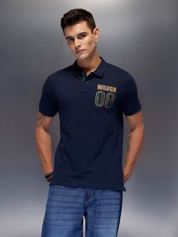 WROGN - Navy Blue Printed Collar Neck Regular Polo T-Shirt